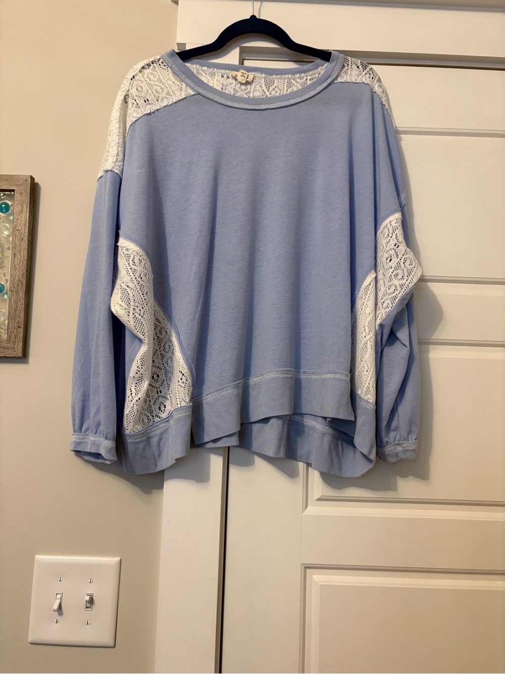 POL Light Blue Lace-Panel Pullover Sweatshirt